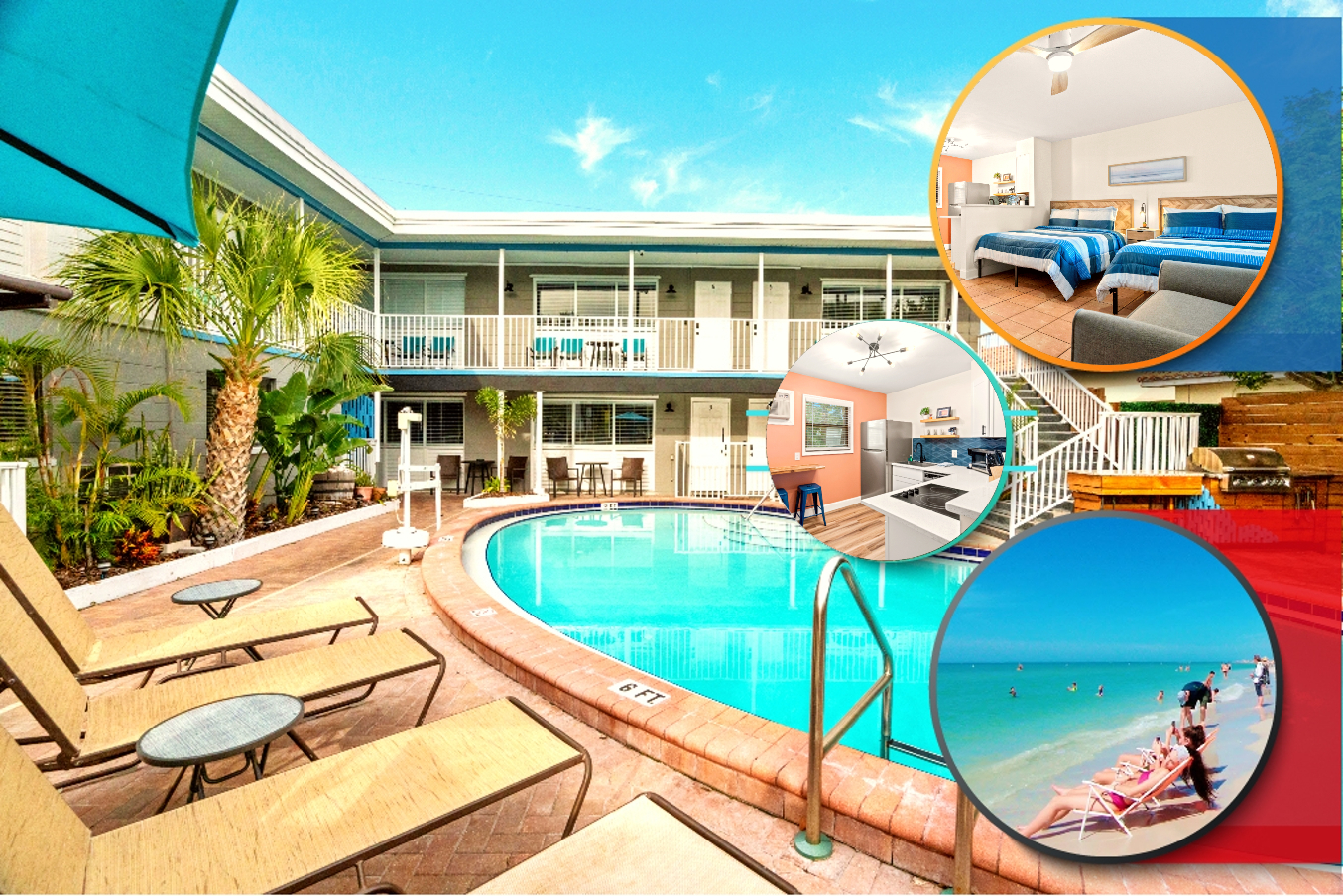 A hotel pool area with lounge chairs, palm trees, and a building in the background.