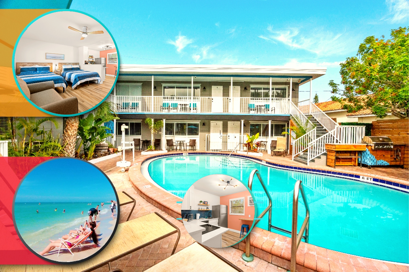 A two-story building with a pool and balcony overlooking a beach.